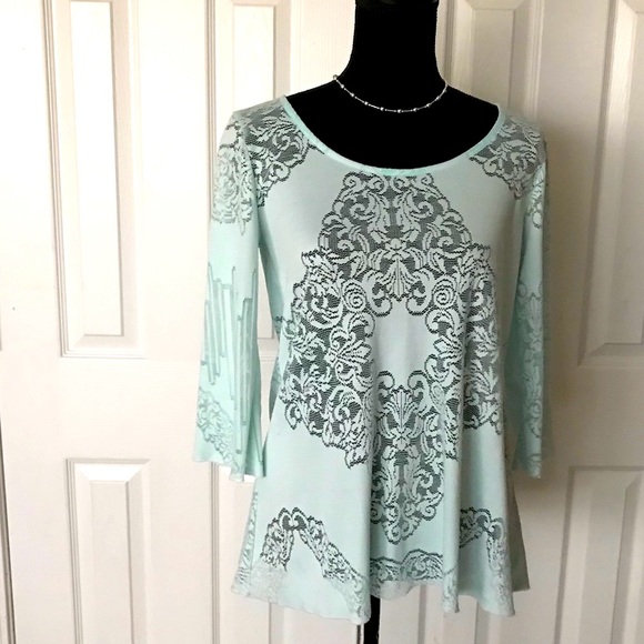 Stylish mint green lace long sleeved top - Picture 1 of 5